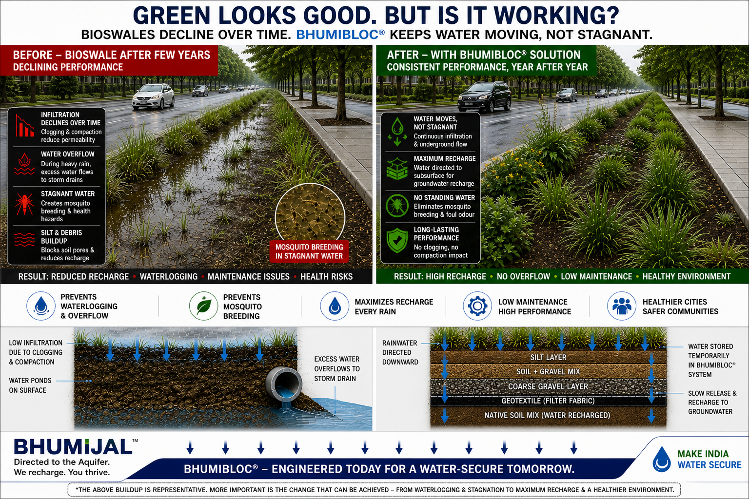Bioswale — Declining Performance to Consistent Recharge with BHUMIBLOC®